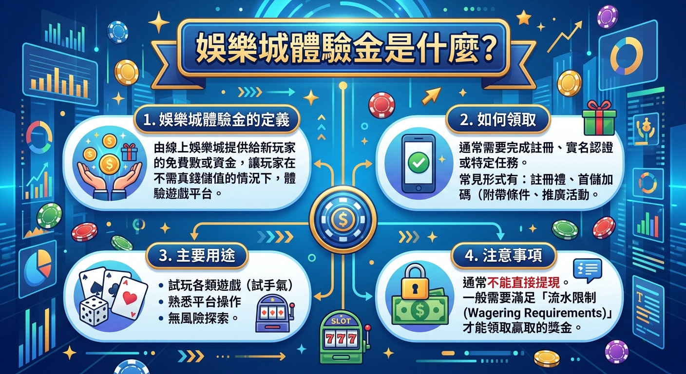 這張圖像是關於線上娛樂城體驗金的繁體中文資訊圖表，背景為暗藍色的科技感設計，並帶有賭場與數據圖表的元素。 圖中劃分為四個主要區塊，分別用簡單圖示與文字說明了體驗金的定義、領取方式、主要用途以及提現的注意事項。