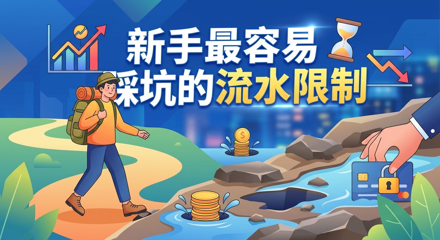 這張插圖以藍色和金色為主色調，描繪了一位新手冒險者在設有陷阱與鎖定銀行卡的道路上前行。 畫面上方標有顯眼的繁體中文標題「新手最容易踩坑的流水限制」，視覺化地傳達出資金流動受限與交易風險的主題。